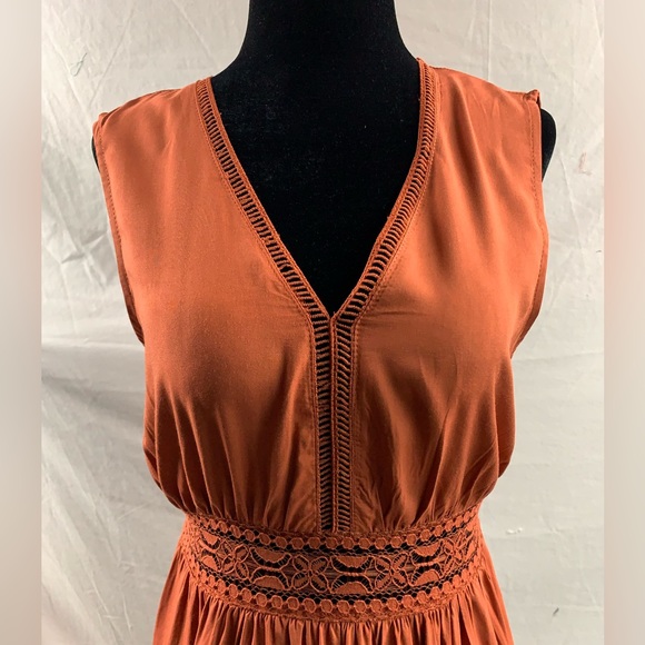 Rust Plunging Neck Ruffle Hem A-line Boho Dress - Picture 8 of 8